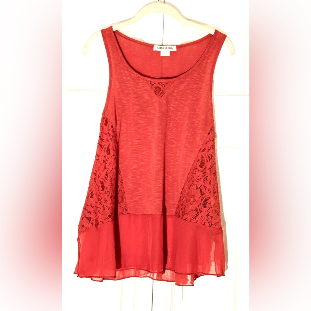 Lottie & Holly Burnt Orange Lace Paneled Flowy Sleeveless Top
